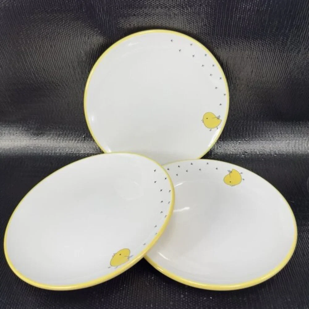 Chick by AH Stoneware Yellow‎ Chickadee Round 7inch Plates Dishes Set 3 Ceramic